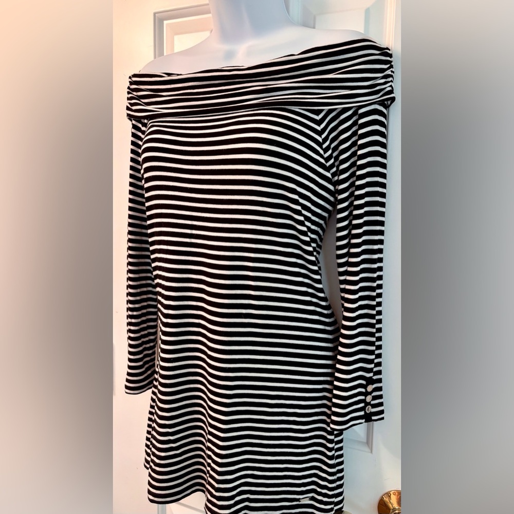 White House Black Market Striped Off-the-Shoulder Top in Black and White